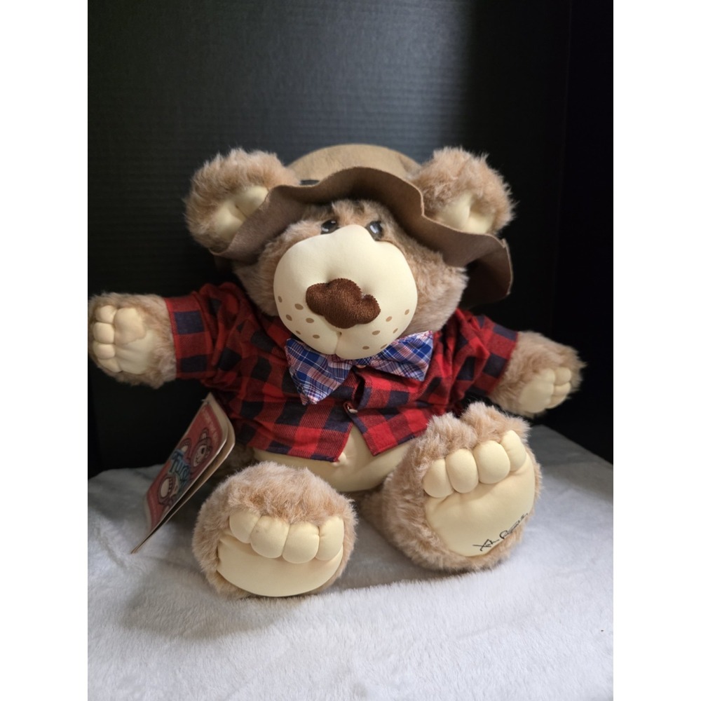 1984 FURSKINS Xavier Roberts Bear With Plaid‎ Shirt, Bowtie & Hat 22"  NWT